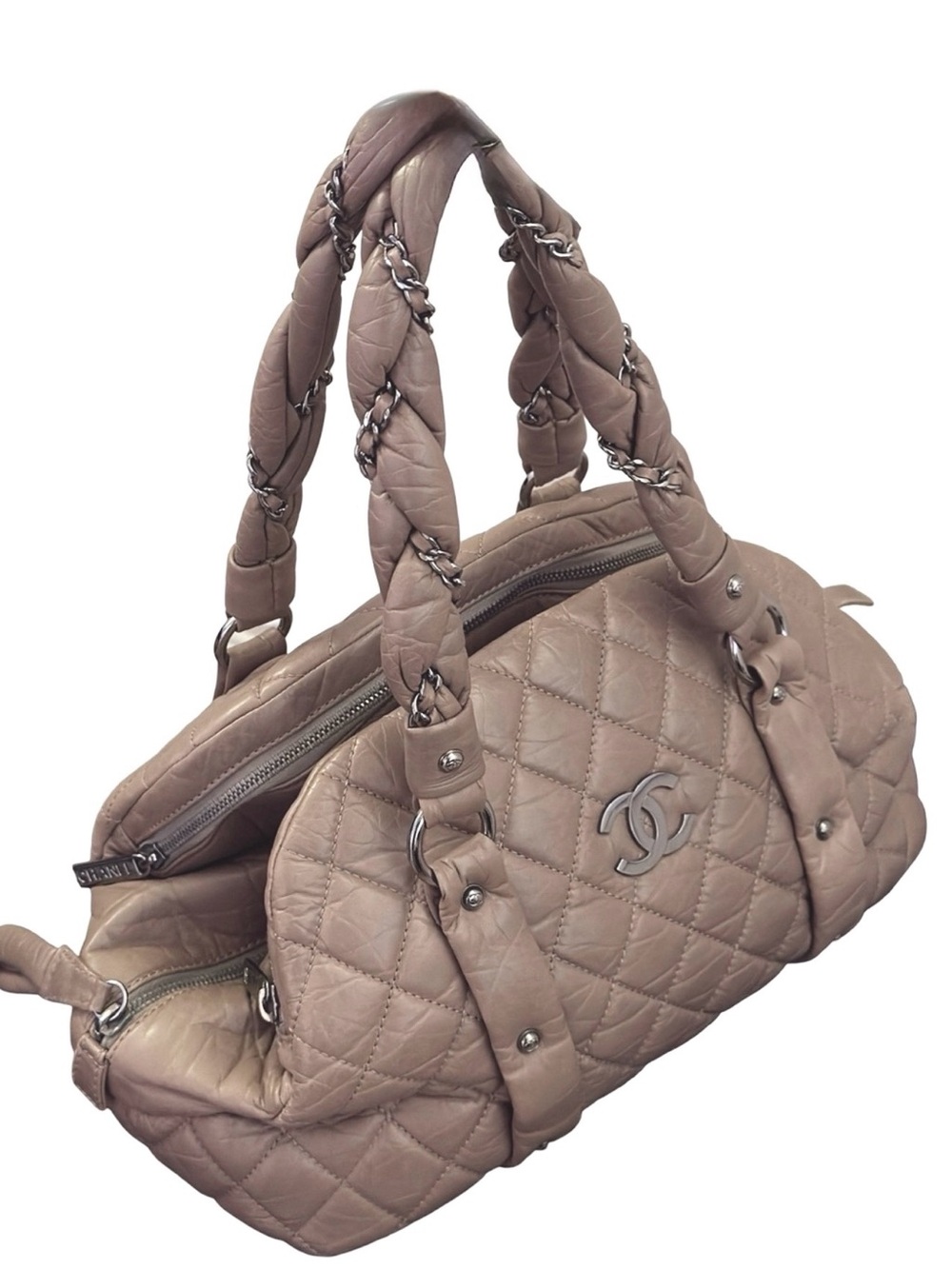 Chanel Lady Braid Bowler Bag Distressed Lambskin Taupe Quilted Satchel 13” - Picture 3 of 12